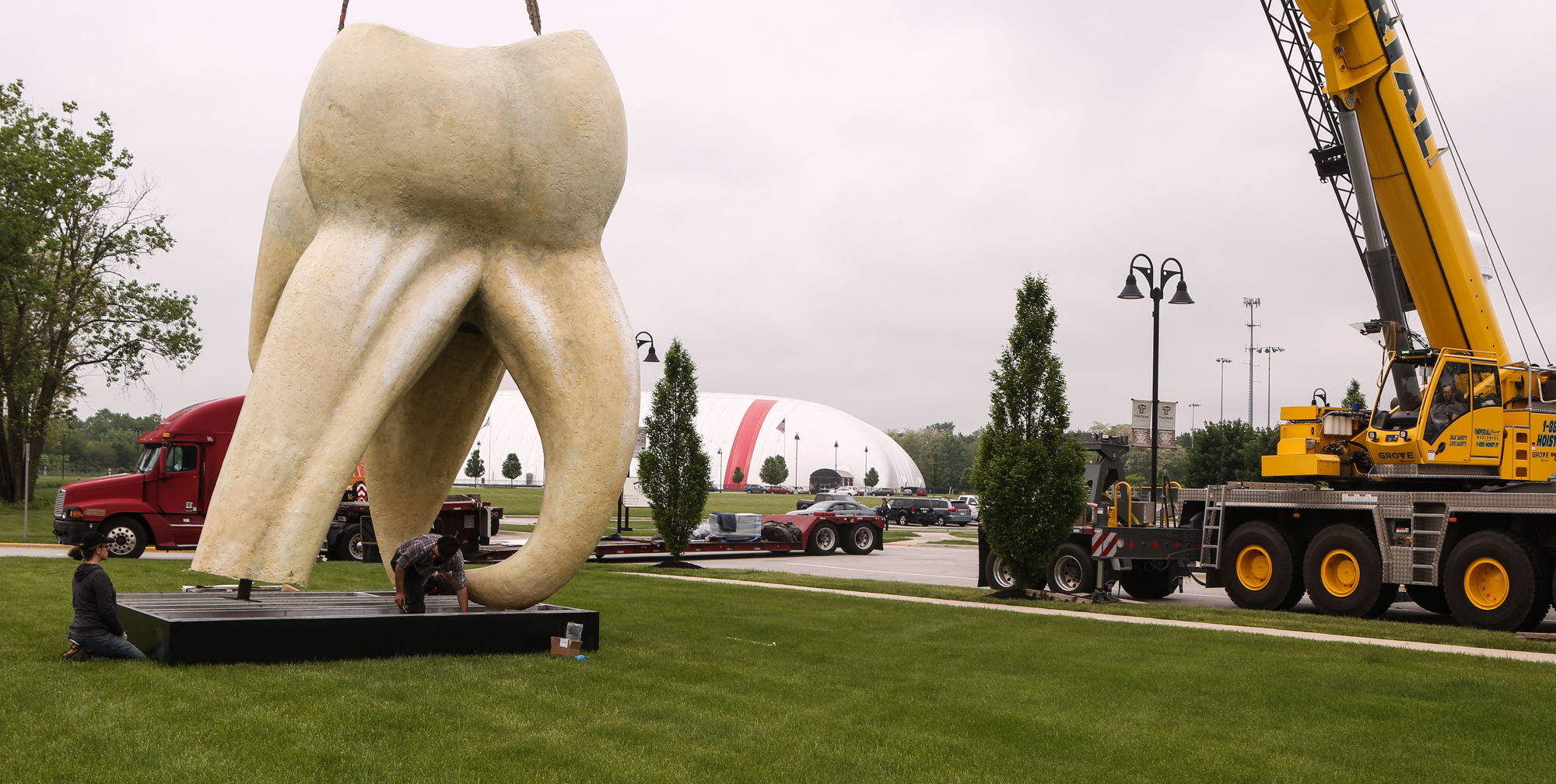 Artist Seward Johnson's "The Tooth" is implanted at the Crown Point Sportsplex